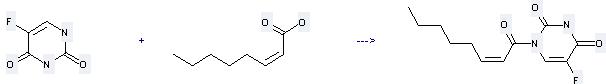 2-Octenoic acid,(2E)- can react with 5-fluoro-1H-pyrimidine-2,4-dione to get 5-fluoro-1-oct-2-enoyl-1H-pyrimidine-2,4-dione